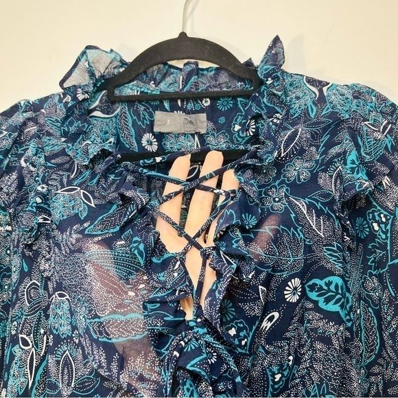 Anthropologie Sheer Floral Long Balloon Sleeve Lace Up Blue Peasant Blouse Top - Picture 3 of 11